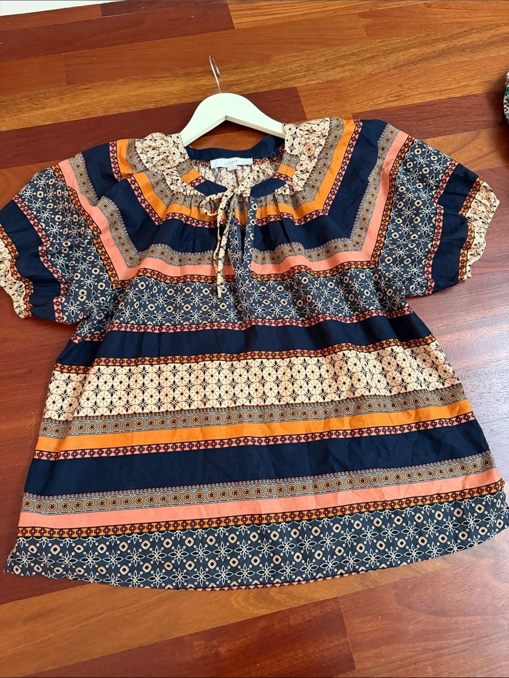 LOFT Navy and Rust Striped Printed Peasant Blouse